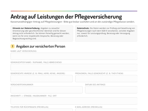 Vorschau des queersensiblen Antrags auf Pflegeleistungen von AlleFarben Alltagshilfe.