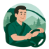 Mann mit dunklem Hemd fährt Auto, im Hintergrund Berge und Nadelbäume.