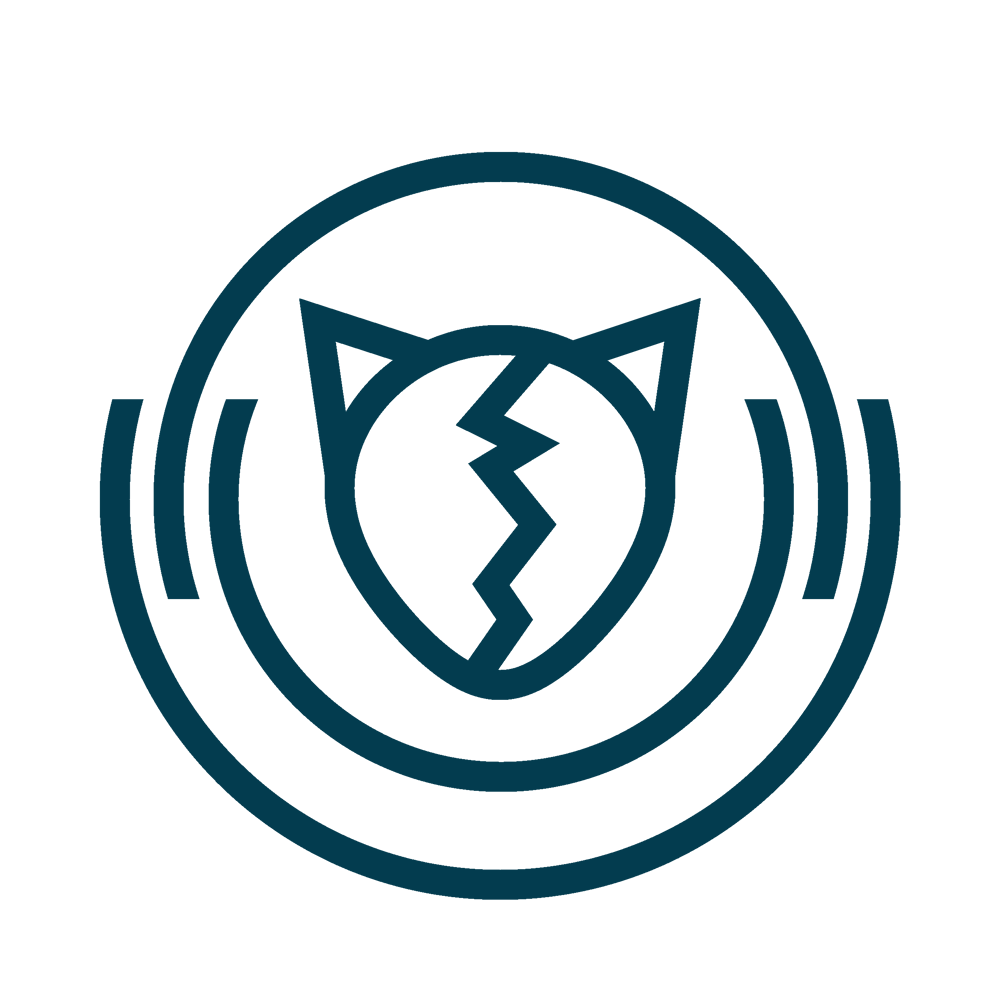 Blaues Katzenkopf-Schild-Symbol mit Zickzack-Bruch, umgeben von zwei Halbkreisen auf grünem Hintergrund.