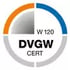 DVGW CERT Logo mit Text "W 120" und "DVGW CERT".
