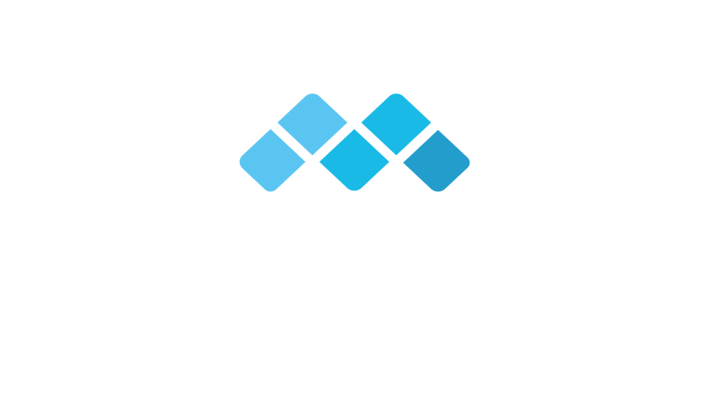 Weißer Schriftzug mina.works unter einem blauen Logo aus rautenförmigen Pixeln auf schwarzem Hintergrund.