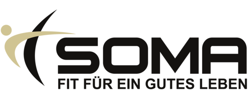 SOMA Logo mit stilisierter goldener Figur und Text "FIT FÜR EIN GUTES LEBEN" auf dunkelgrünem Hintergrund.