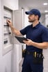 Ein Elektriker in blauer Uniform und Mütze prüft einen Sicherungskasten und hält ein Tablet.