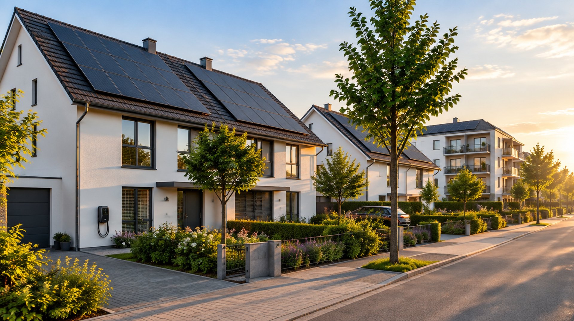 Wohnquartier mit Photovoltaikanlagen auf den Dächern