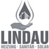 Graues Logo mit Hand, die ein Wassertropfen mit Haus im Inneren hält; Text: LINDAU HEIZUNG SANITÄR SOLAR.