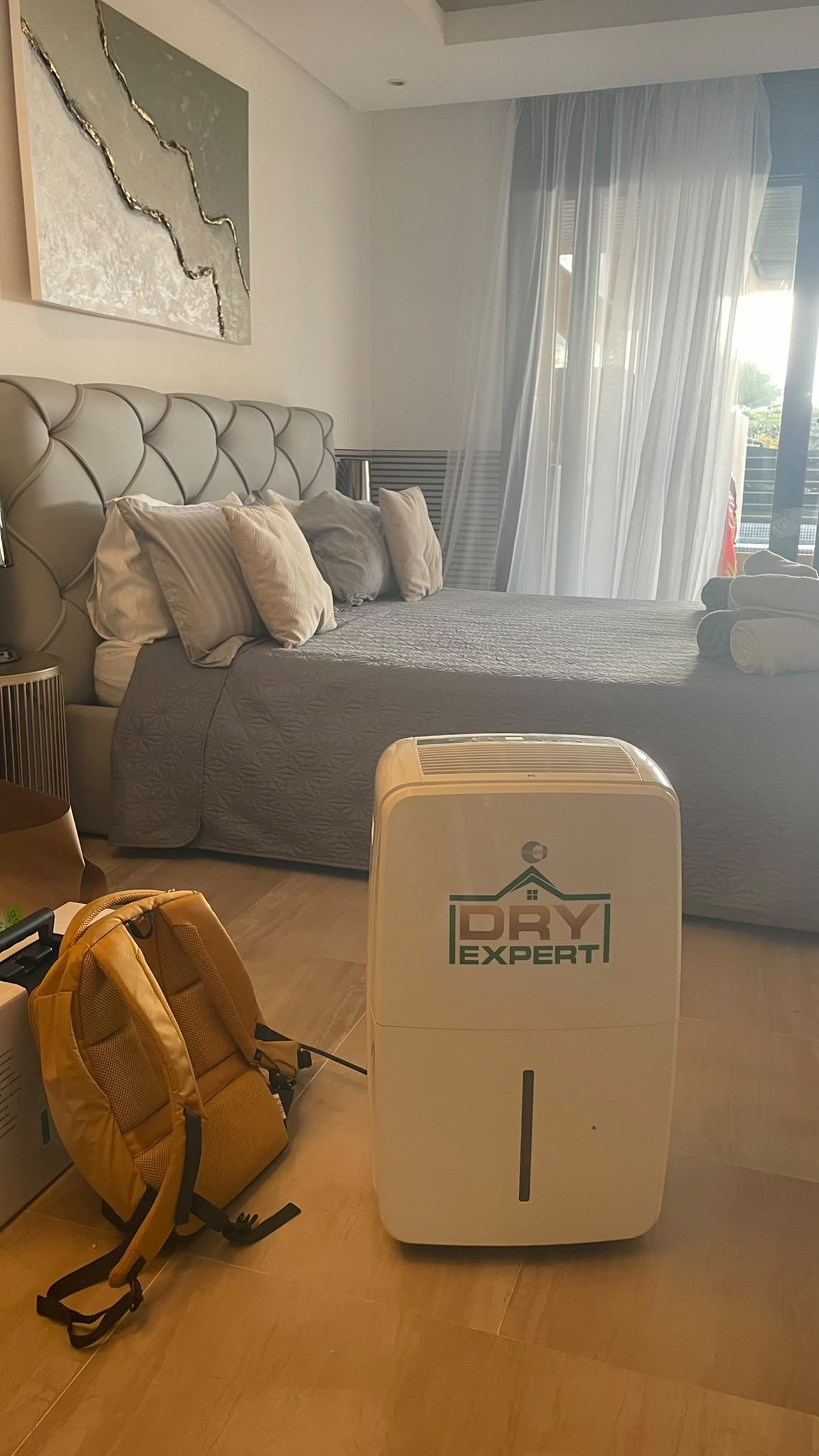 Dehumidifier set up in a villa bedroom on the Costa del Sol
