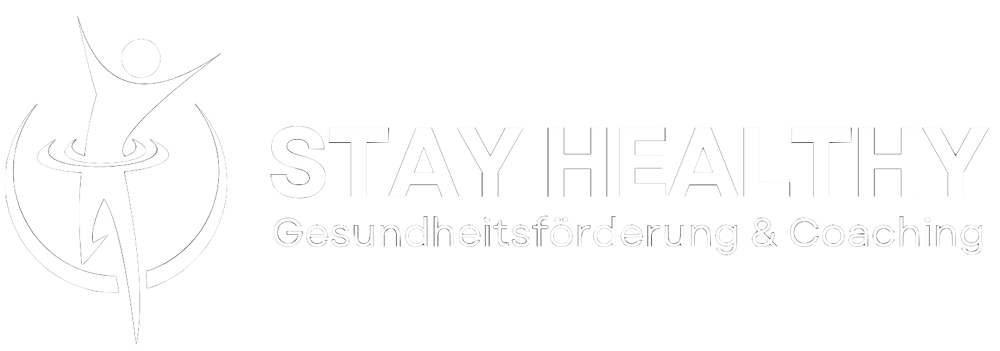 Logo "STAY HEALTHY Gesundheitsförderung & Coaching" mit stilisierter menschlicher Figur in Bewegung.