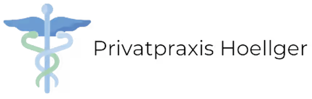Äskulapstab und Schriftzug "Privatpraxis Hoellger" auf dunklem Hintergrund.