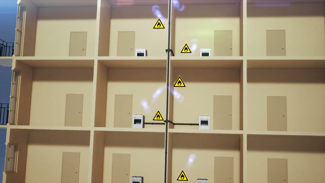 Animation: Gas tritt an einer Verbindung der Gasleitung in einem Mehrfamilienhaus aus, ein Warnsymbol zeigt die Gefahr