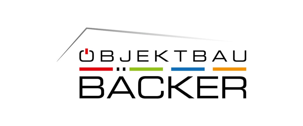 Logo von Objektbau Bäcker mit einem Dachsymbol und farbigen Linien in Rot, Grün, Blau und Orange.