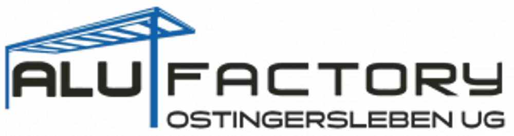Logo: ALU FACTORY OSTERLSEBEN UG, mit einer blauen stilisierten Überdachung über dem Wort "ALU".
