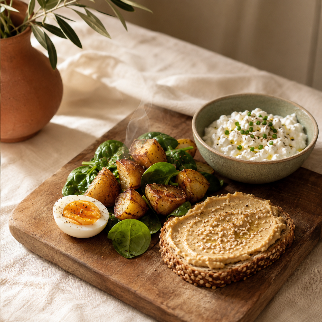 Vollwertige Ernährung mit Brot, Hummus, Kartoffeln und Hüttenkäse