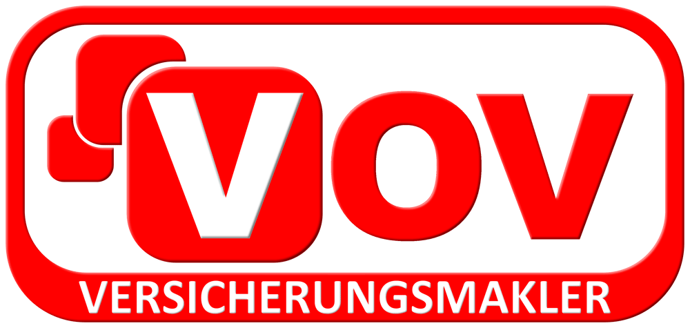 Logo der VOV Versicherungsmakler mit rotem Schriftzug und weißem V auf schwarzem Hintergrund.