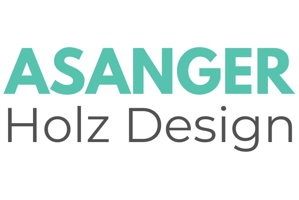 ASANGER Holz Design Logo, türkise und graue Schrift auf weißem Hintergrund.