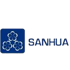 SANHUA Logo: Drei stilisierte blaue Blüten auf blauem Quadrat.