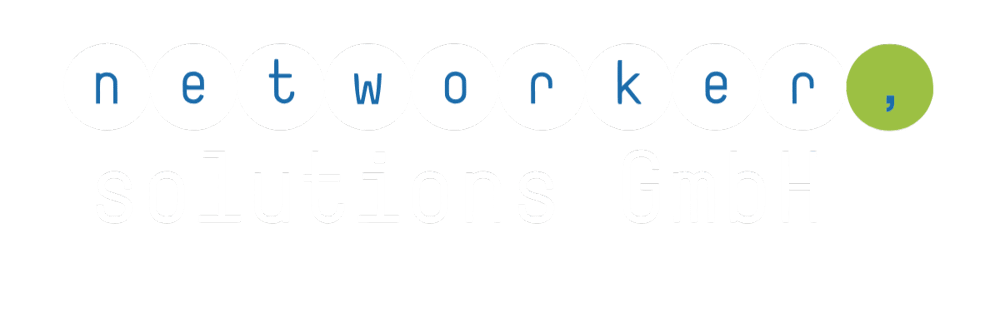 Logo "networker, solutions GmbH" mit blauen Buchstaben in weißen Kreisen und einem grünen Kreis auf dunklem Grün.