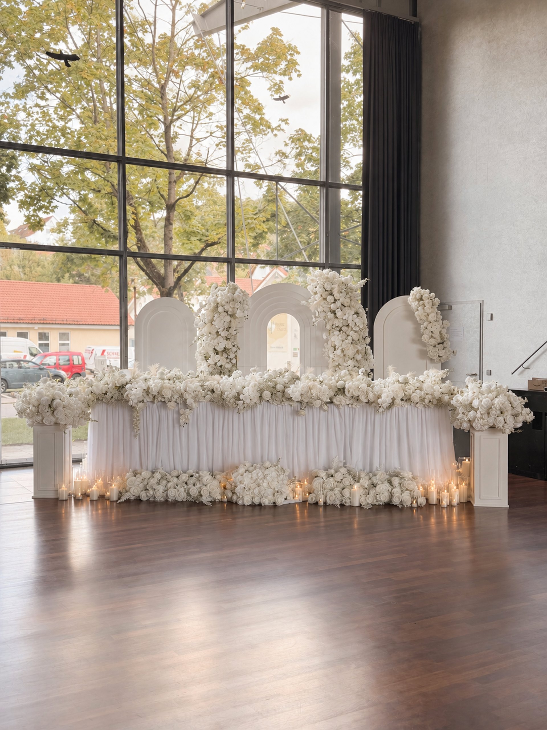 Festlich gedeckte Tischreihe mit Floristik bei einem Event von Himmelherz Events