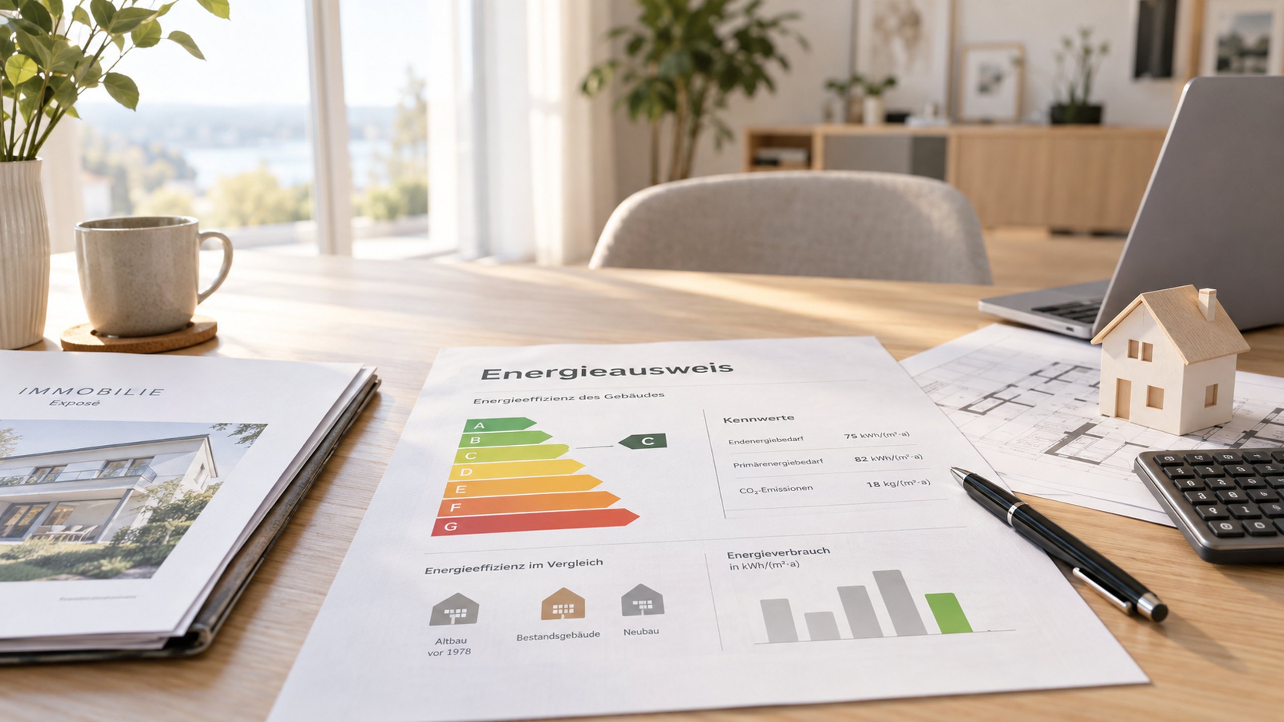 Energieausweis mit Effizienzskala auf einem Tisch, daneben Exposé, Grundriss und Taschenrechner