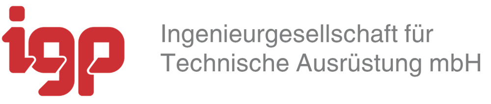 Rotes igp Logo neben dem Text Ingenieurgesellschaft für Technische Ausrüstung mbH auf schwarzem Hintergrund.