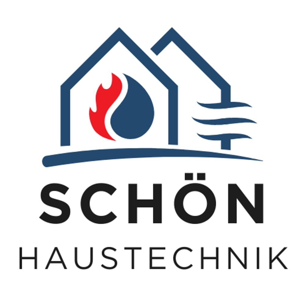 HAUSTECHNIK SCHÖN Logo mit zwei Häusern, das linke mit Flamme, das rechte mit stilisiertem Wasser und Wind.