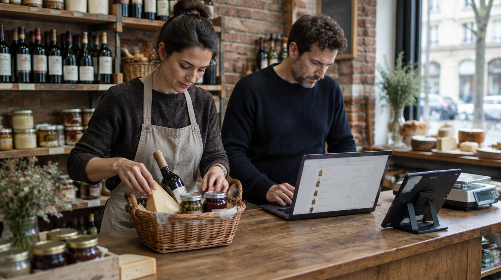 Frau mit Schürze packt in einem Berliner Feinkostladen einen Präsentkorb mit Käse, Wein und Gläsern, daneben ein Mann am Laptop mit einer Produktliste, auf der Theke Kassen-Tablet und Waage