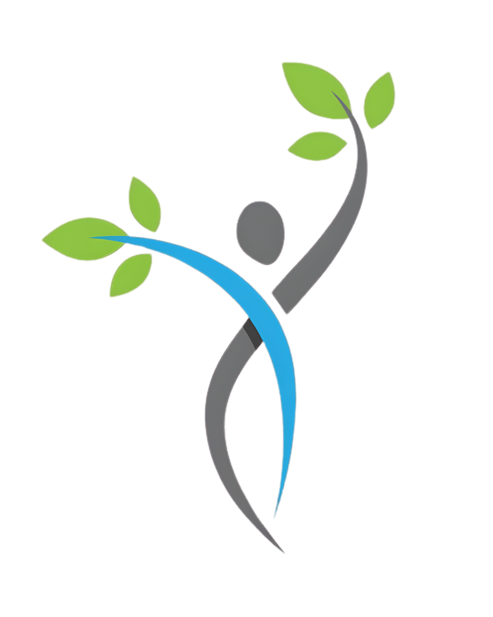 Abstraktes Logo einer Person, die sich streckt, mit grünen Blättern an den Armen und einer blauen Kurve um den Körper.