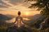 Frau in Meditationshaltung vor einer Naturlandschaft mit Sonnenaufgang
