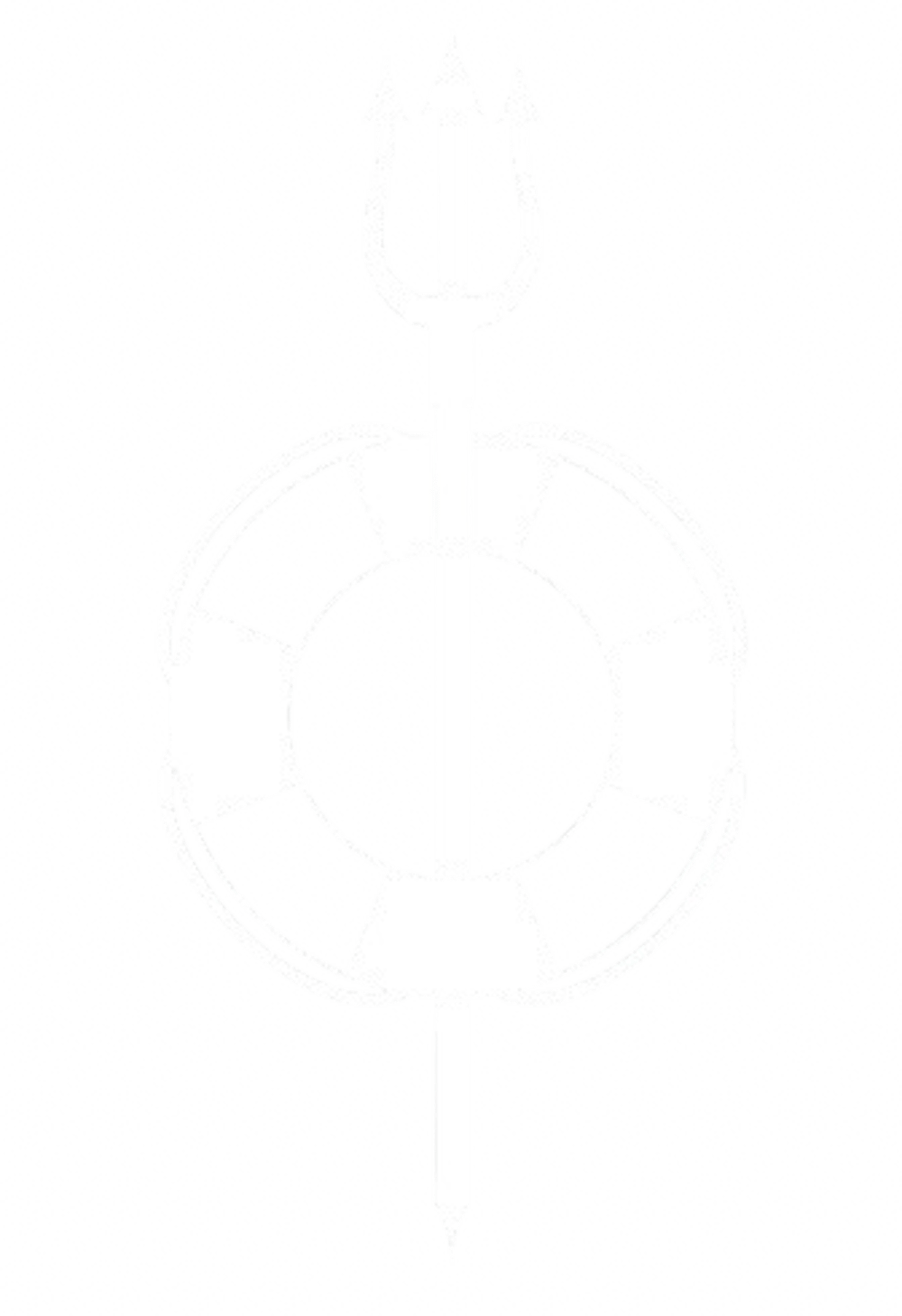 Weißer Dreizack durch einen Rettungsring auf grünem, gepunktetem Hintergrund.