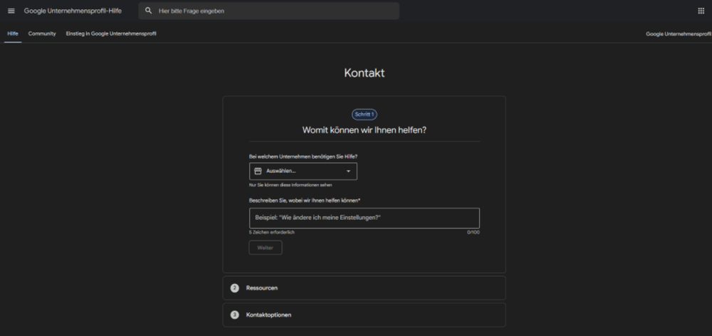 Google Support Kontaktseite