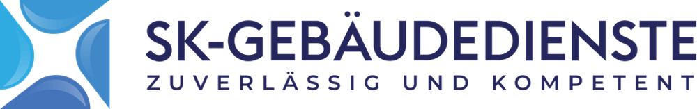 Logo auf dunkelgrünem Hintergrund, links blaue, tropfenartige Formen, rechts "SK-GEBÄUDEDIENSTE ZUVERLÄSSIG UND KOMPETENT".