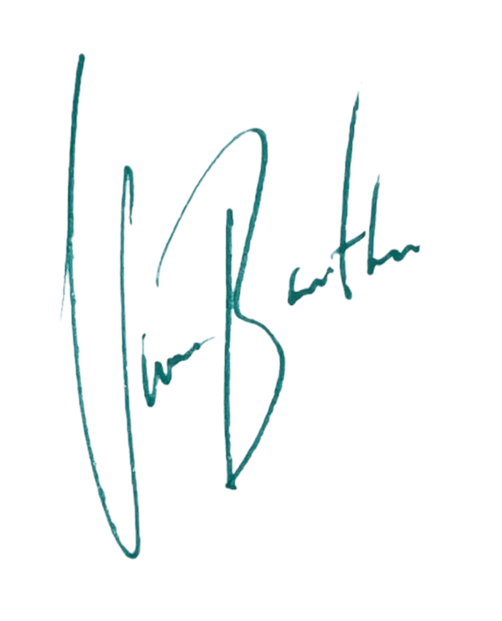 Unterschrift in Türkis auf dunkelgrünem Hintergrund, die "W.R. Butler" darstellt.