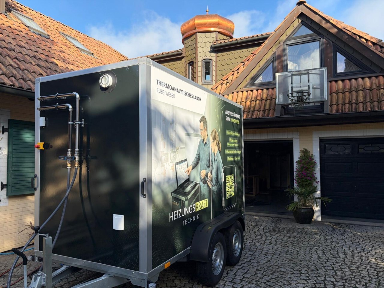 Das mobile Messlabor von Heizungskraft Technik vor einem Einfamilienhaus