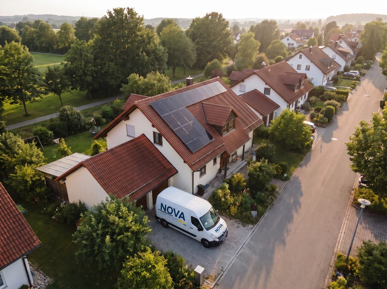 Einfamilienhaus mit Solaranlage und NOVA-Transporter im Abendlicht