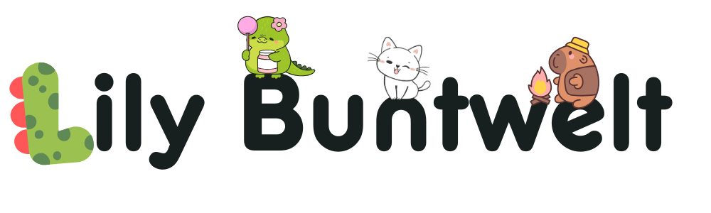 Lily Buntwelt-Logo mit einem grünen Dinosaurier, einer weißen Katze und einem braunen Nagetier mit Lagerfeuer.