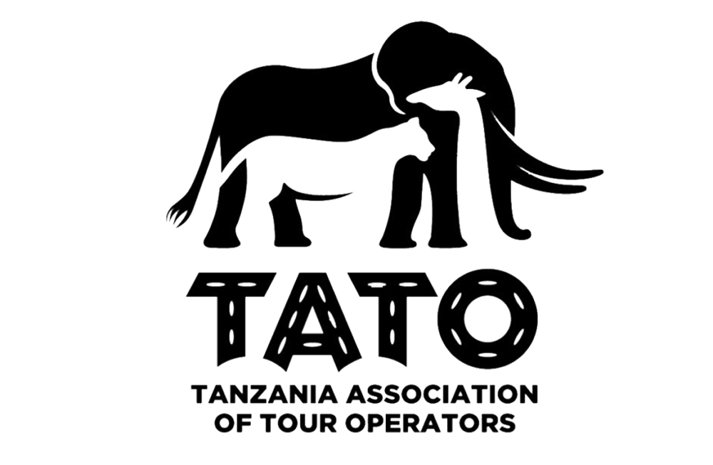 Weißes TATO-Logo mit Elefant, Löwe und Giraffe