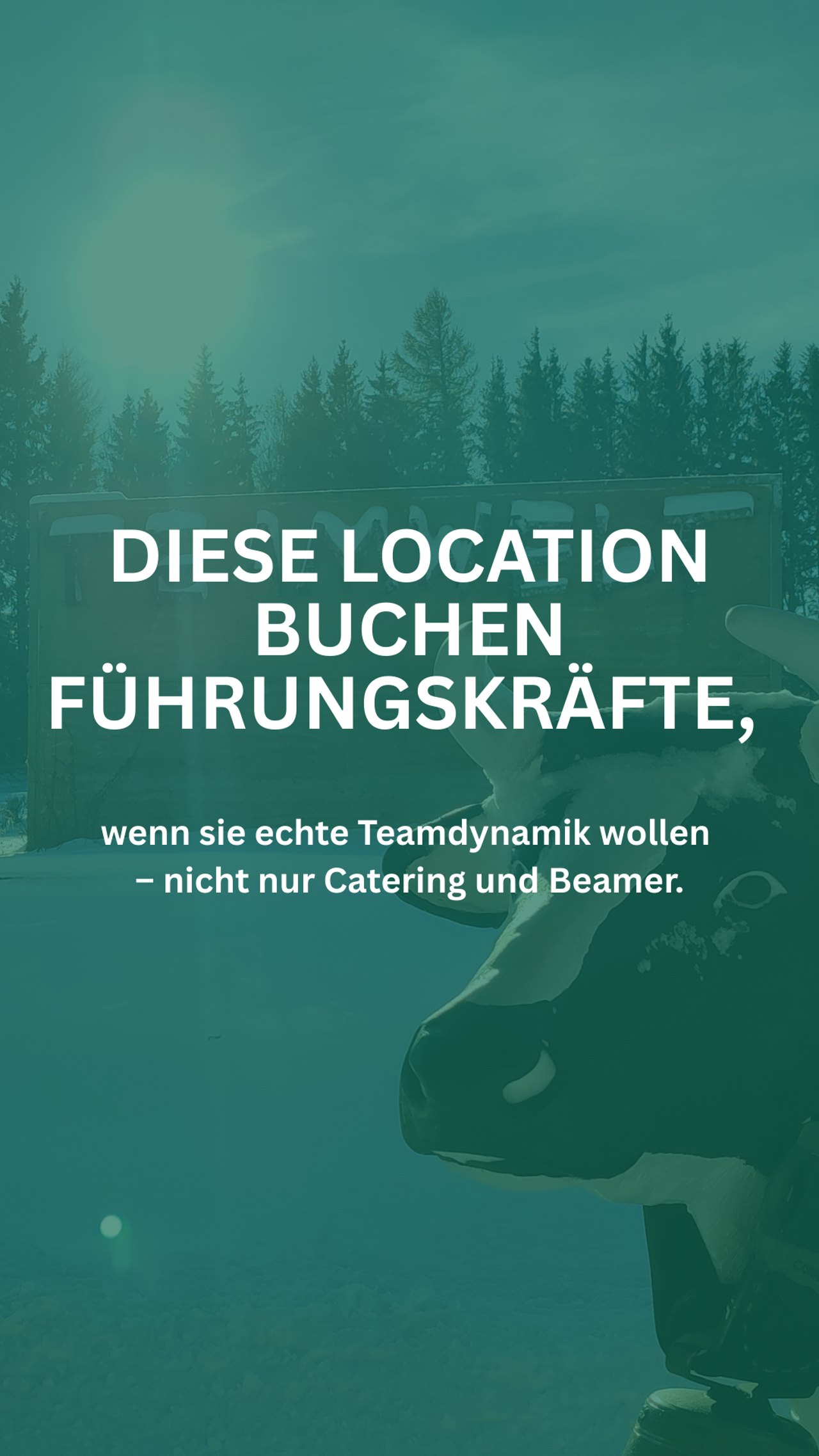 Anzeige Teamwelt: Kuhfigur vor Waldkulisse, „Diese Location buchen Führungskräfte“