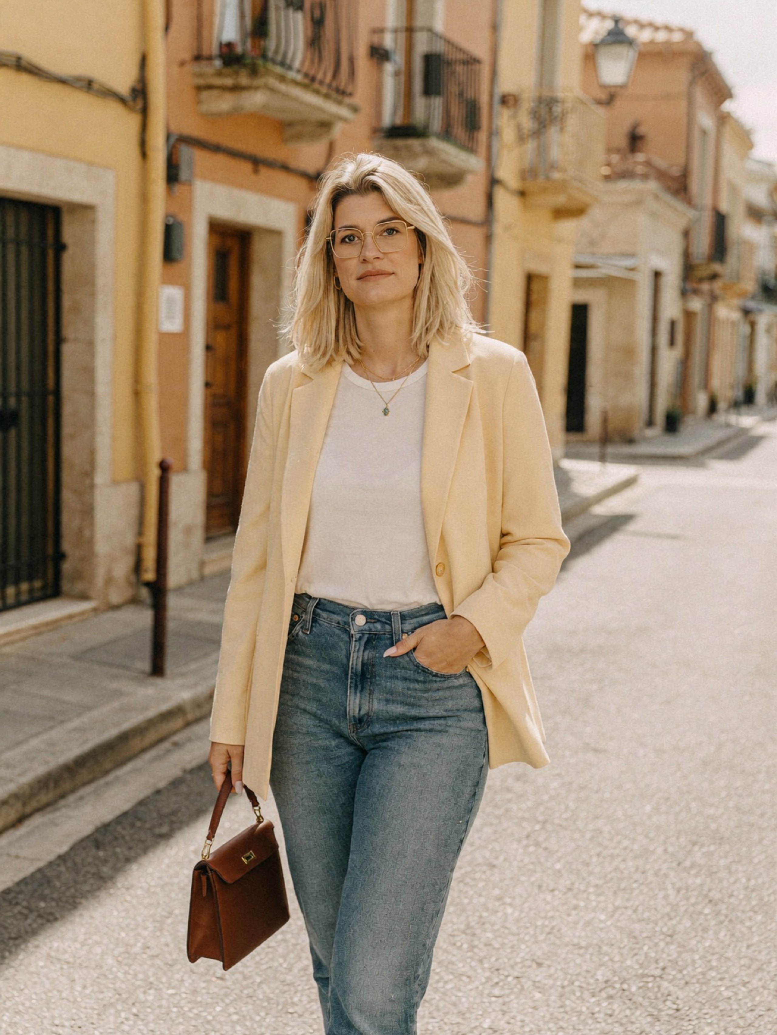 Sina Blome in einer Altstadtgasse, Blazer und Ledertasche