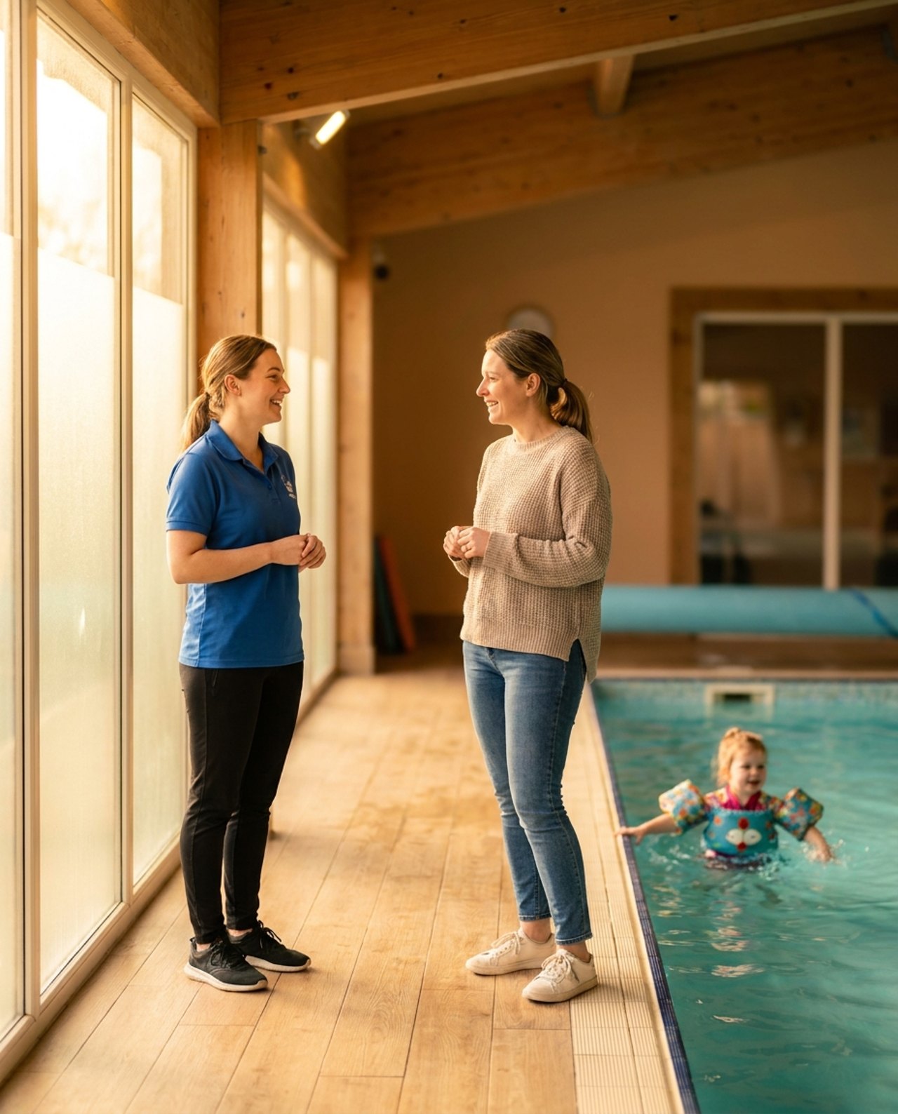 Schwimmlehrerin im Gespräch mit einer Mutter am Beckenrand