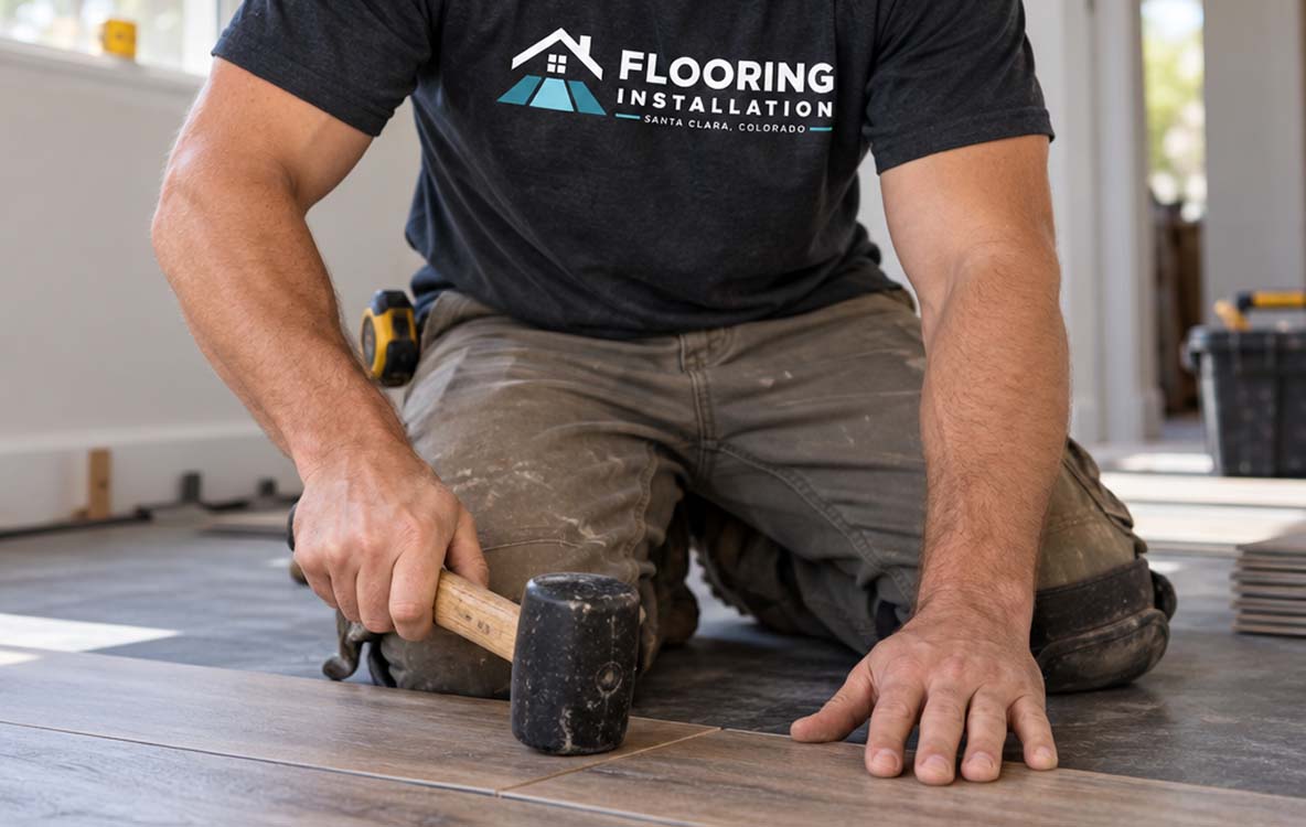 Flooring crew laying plank flooring on a prepared subfloor