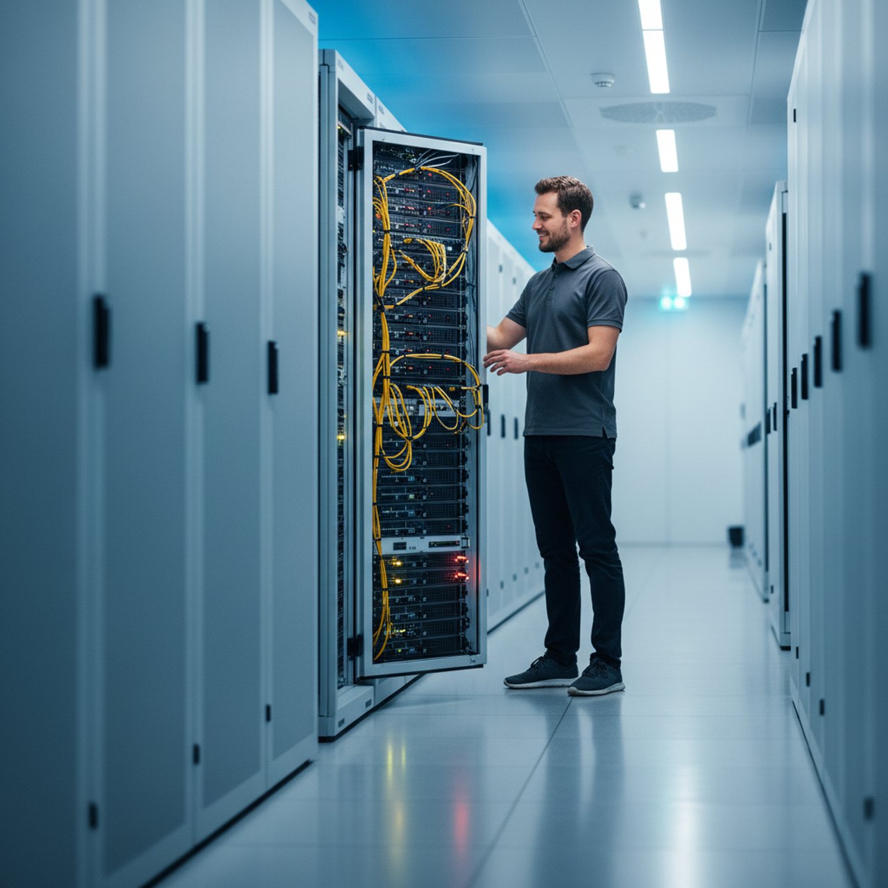 Technikerin am Mailserver im Rechenzentrum