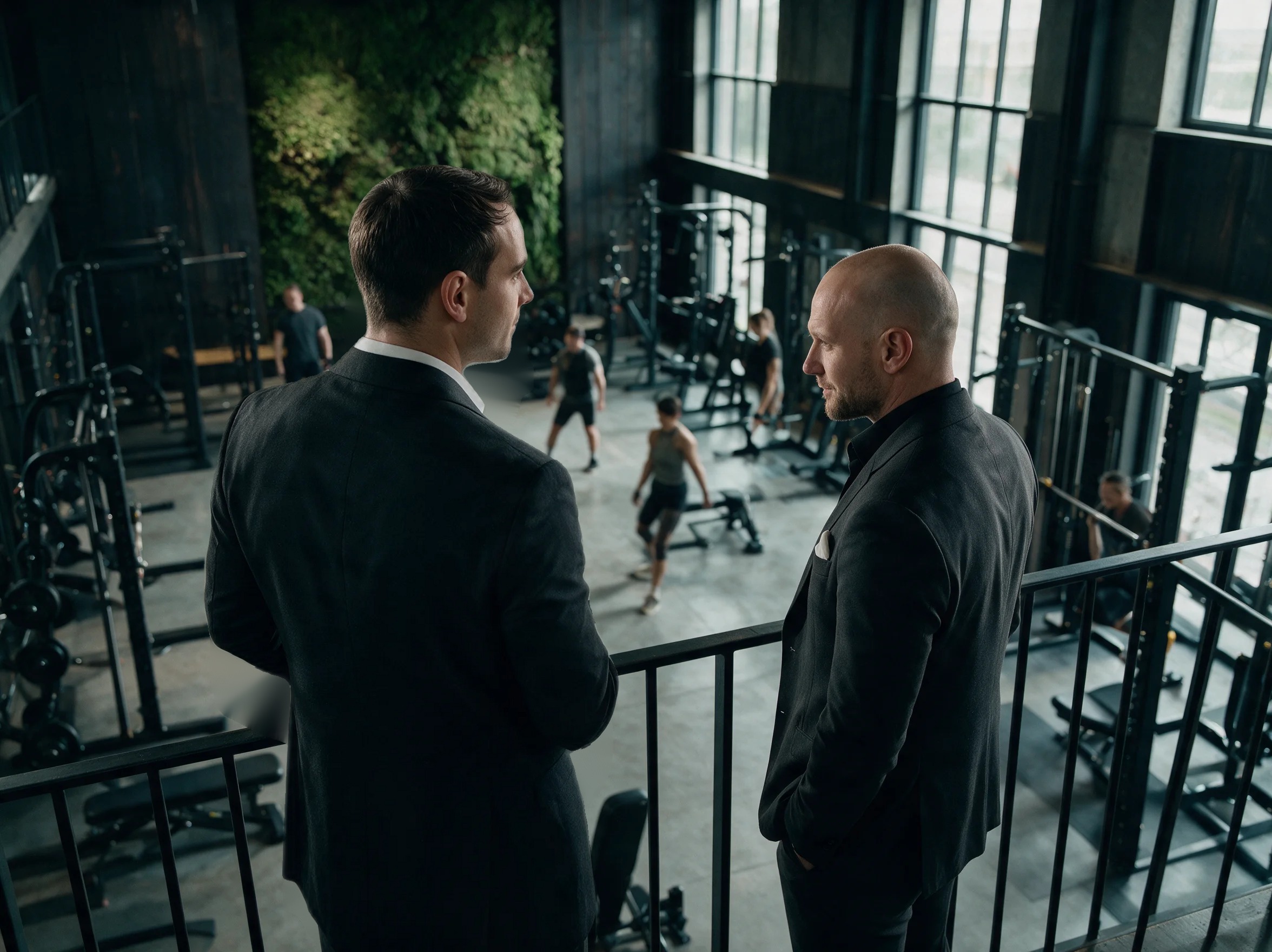 Marvin Schöllhammer und Anton Lechner blicken von der Galerie in ein Fitnessstudio