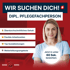Frau in blauer Pflegeuniform lächelt; Text: „WIR SUCHEN DICH! DIPL. PFLEGEFACHPERSON“ und Vorteile.