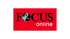 Focus Online Logo mit schwarzer Schrift und Weltkugel-Symbol auf rotem Hintergrund.