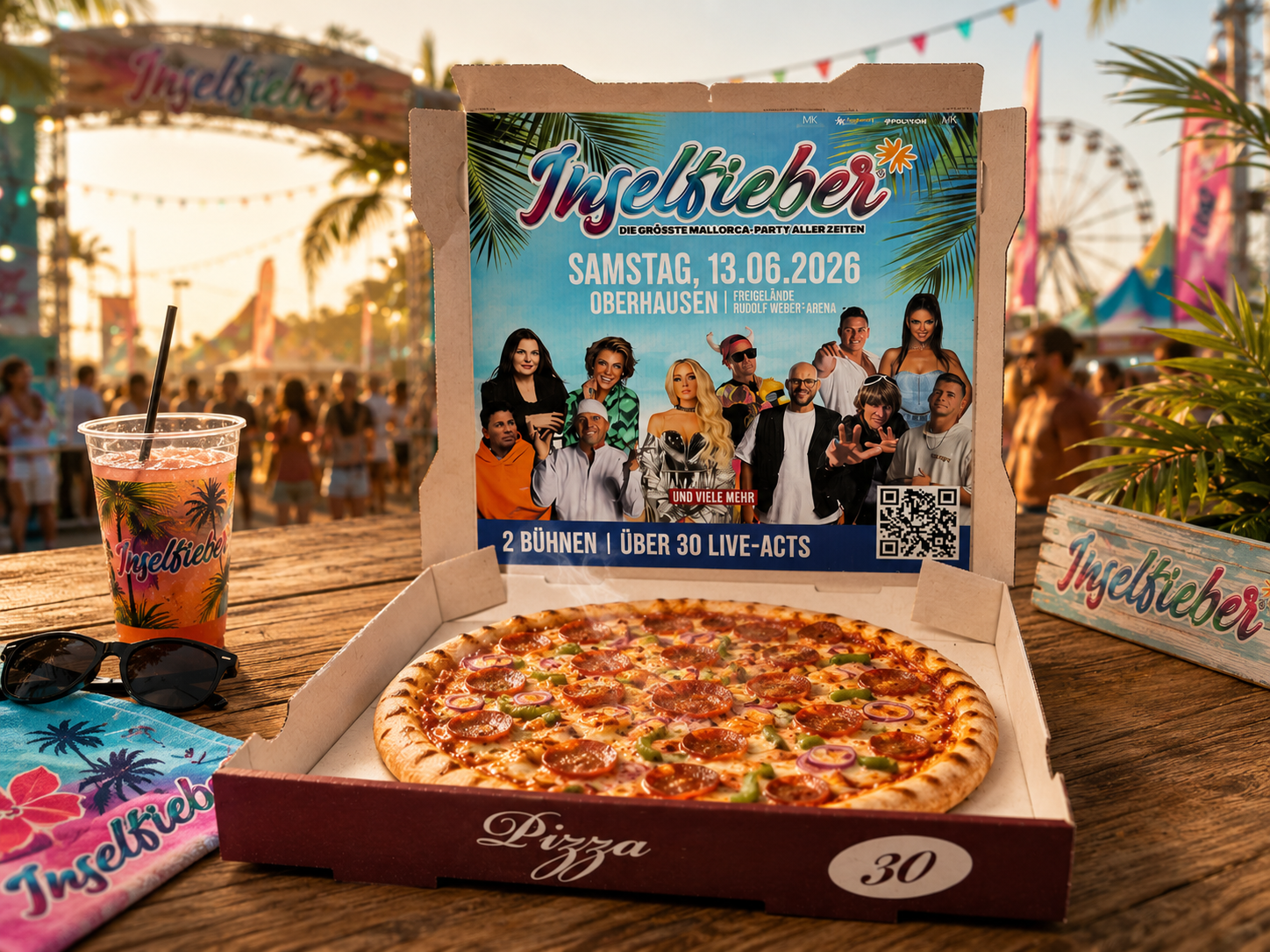 Inselfieber Festival 2025  — Ticketverkäufe Kampagne, Werbung im Pizzakarton, Oberhausen +50 km 