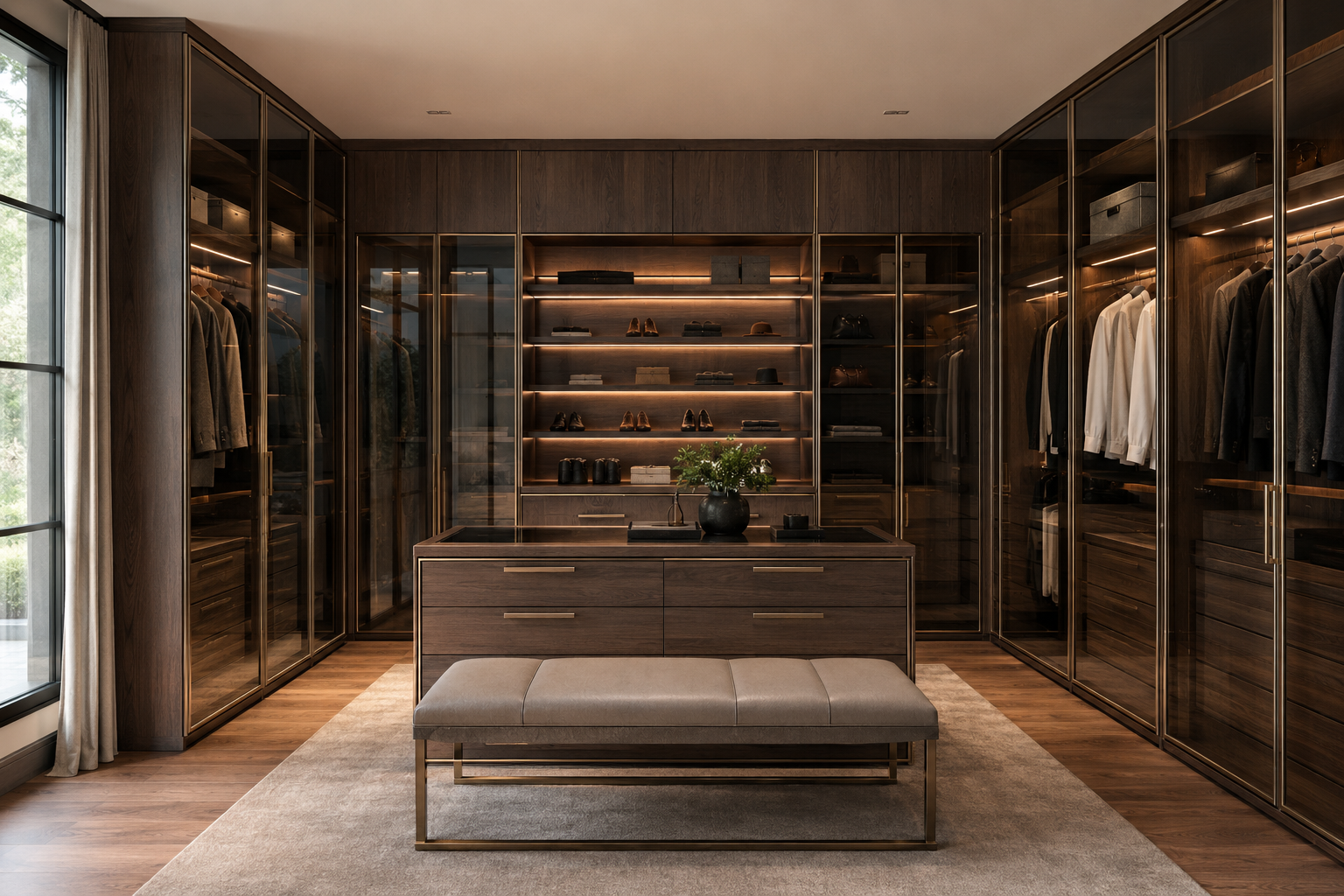 Walk-in closet premium en nogal oscuro con iluminación cálida