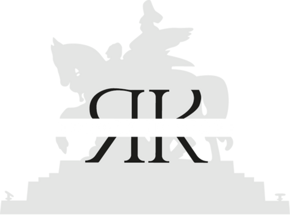 Grünes Logo mit einer grauen Reiterstatue und schwarzen, ineinander verschlungenen "RK" Initialen darüber. Weißer Text: COWORKING SPACE.