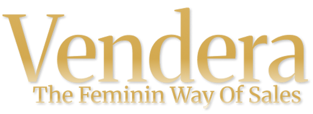 Goldener Vendera Schriftzug mit dem Slogan The Feminin Way Of Sales auf schwarzem Hintergrund.