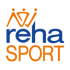 Orange-blaue Buchstaben bilden "reha sport" unter stilisierten menschlichen Figuren.