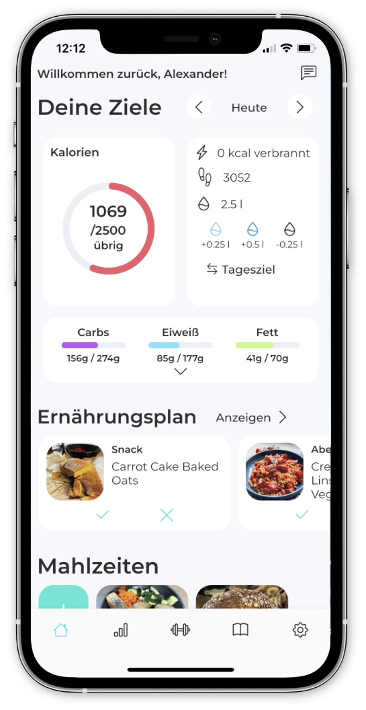 Dashboard der App mit Kalorien, Ernährungsplan und Mahlzeiten