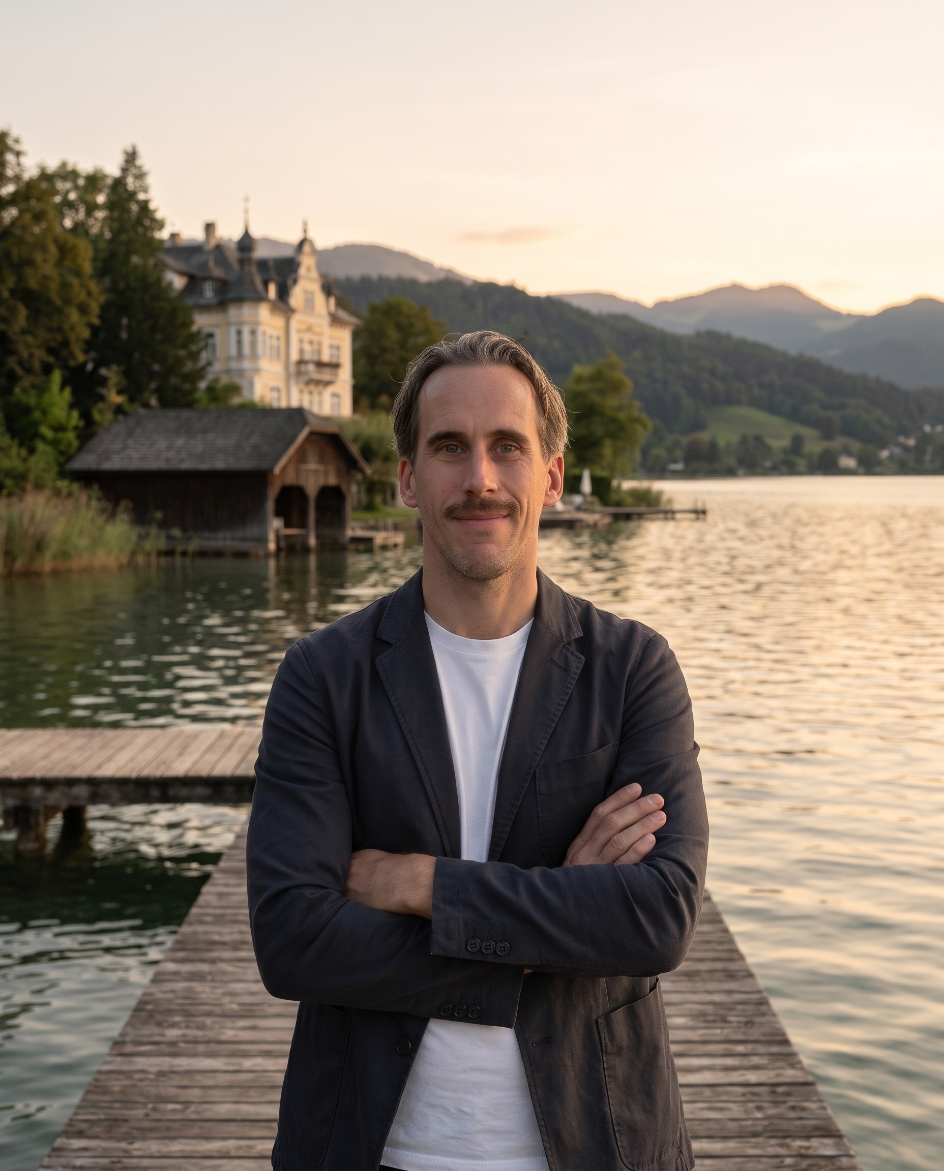 Jürgen Galo, Immobilienmakler aus Klagenfurt, auf einem Steg am Wörthersee in der Abenddämmerung, Arme verschränkt